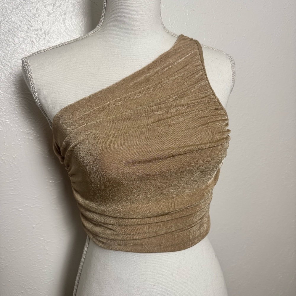 One-Shoulder Ruched Tank Top — Taupe